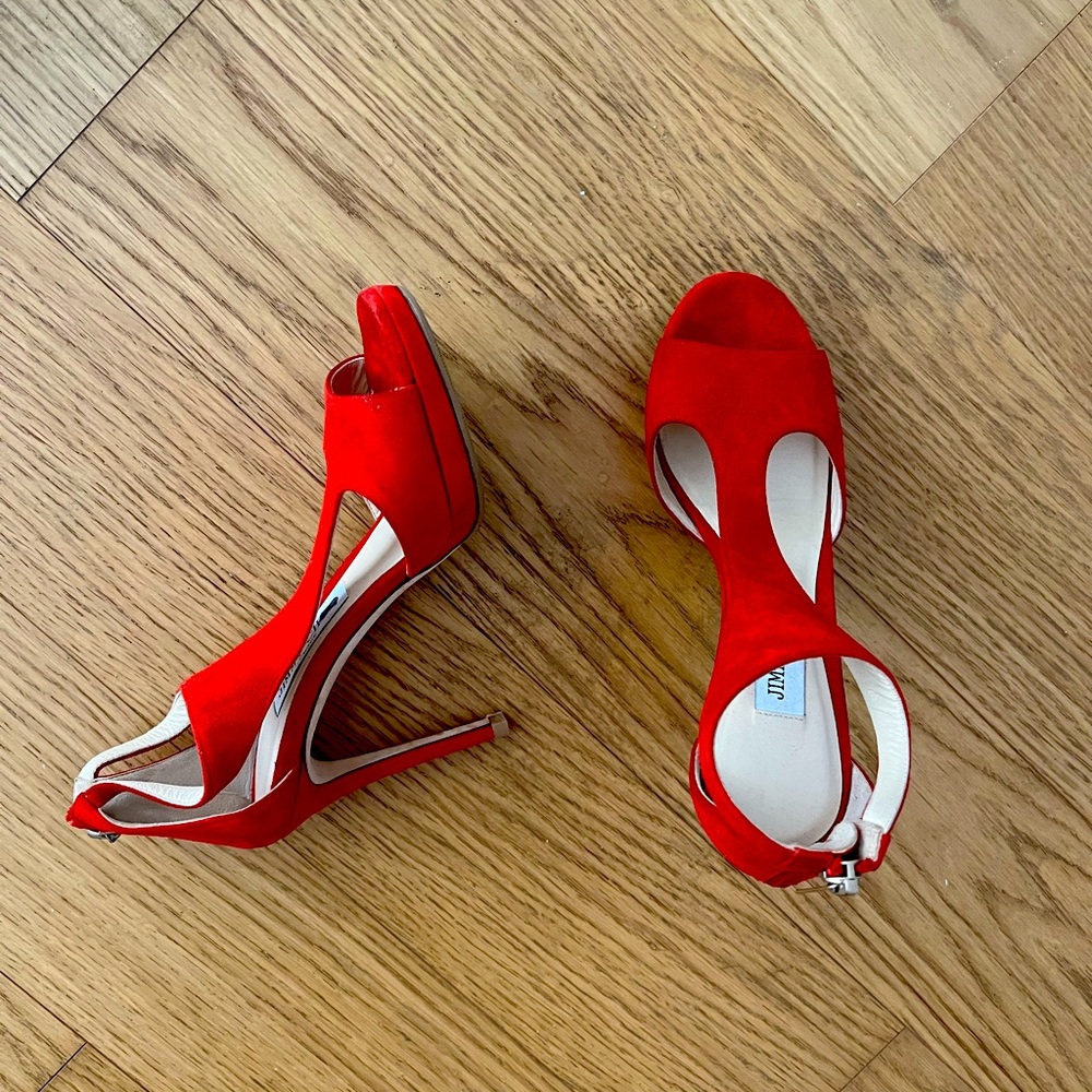 Gently used Jimmy Choo Red Suede T strap heels